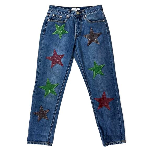 Stonewash star patch ankle jeans, NEW xs Girlfriend ankle blue denim by Glam - Picture 2 of 10